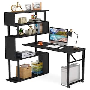 Lanita 47.24 in. L-Shaped Black Engineered Wood Rotating Executive Desk, Reversible Computer Desk with 5-Shelf Bookshelf