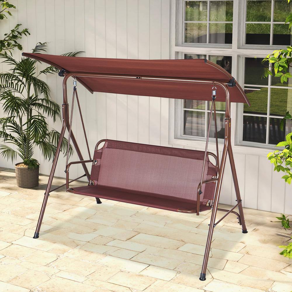 Brown 3-Person Alloy Steel Patio Swing with Adjustable Canopy