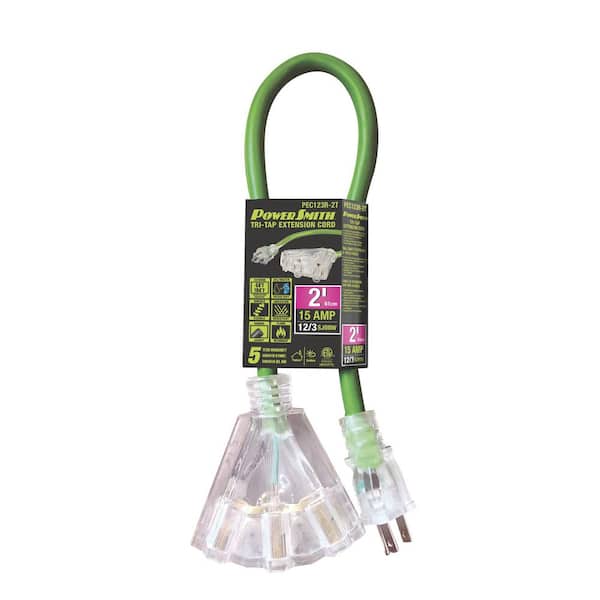 2 ft. 12 / 3 SJOOW Indoor / Outdoor Extension Cord Tri-Tap 3-Outlets with Lighted End Green