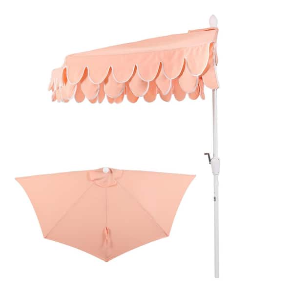 Terrace Arc 9 ft. Classic MidCentury Scalloped Fringe Market Half Patio Umbrella in Coral Pink/White, White Pole