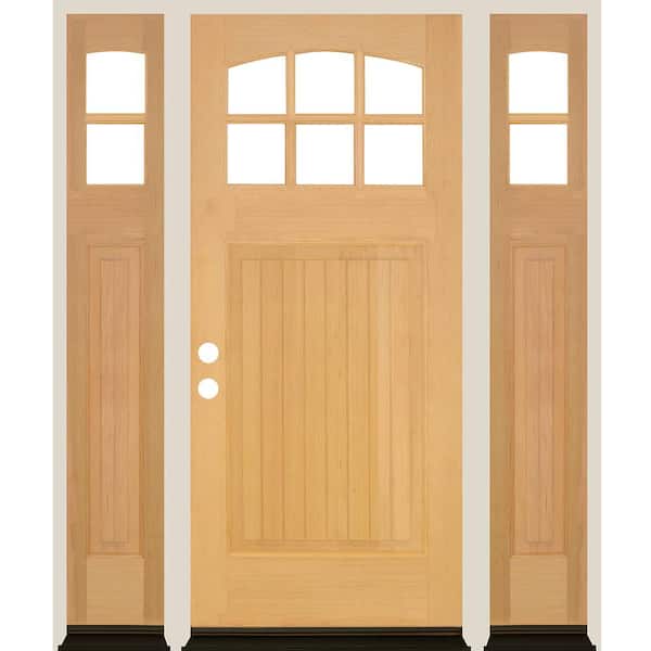 Krosswood Doors 64 in. x 80 in. V-Groove Arched 6-Lite Clear Glass Unfinished Right Hand Hemlock Prehung Front Door with DSL