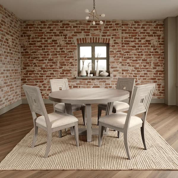 Benjara Lasa Whitewash Wood 54 in. Pedestal Dining Table Seats 4