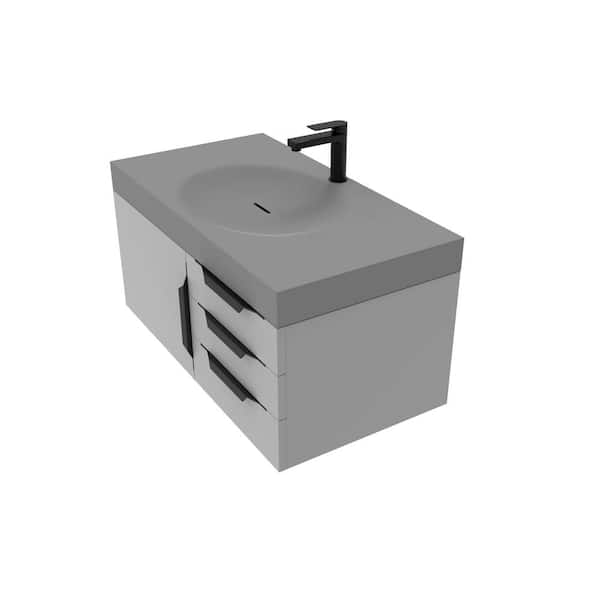 castellousa Thames 36 in. W x 19 in. D x 16.25 H Single Floating Bath Vanity in Matte Gray in Black Trim with Solid Surface Gray Top
