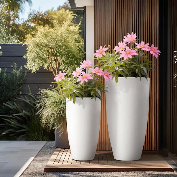 Sapcrete 13.5in., 17.5in. Dia Crisp White Extra Large Tall Round Concrete Plant Pot/Planter for Indoor & Outdoor Set of 2