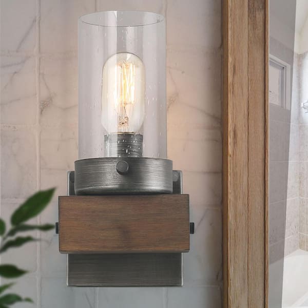 LNC Viney 1-Light Modern Rustic Bathroom Vanity Light Farmhouse Wood Wall Sconce with Seeded Glass Shade