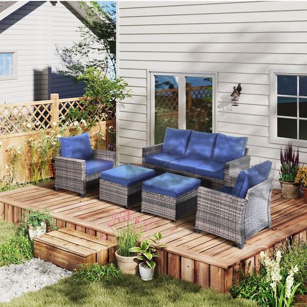 Decksplore 5-Piece Outdoor Wicker Patio Conversation Set with 2 Ottomans and Navy Blue Cushions