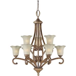 9-Light Rustic Sienna Bronze Chandelier with Shaded Umber Glass