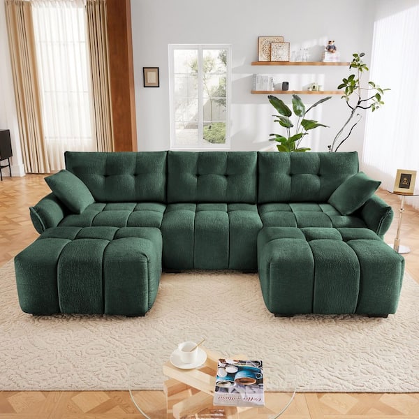 Tina 110.2 in. Flared Arm Chenille Upholstered U Shaped Sectional Sofa in. Green with 2 Ottomans, Throw Pillows