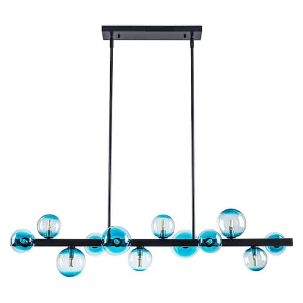 Luna 12-Light Matte Black Mid-Century Modern Kitchen Island Pendant with Gradient Blue Glass Globes