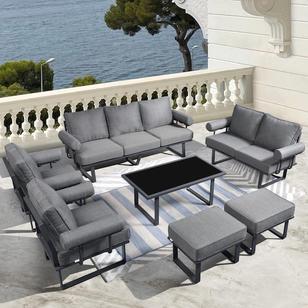 HOOOWOOO Teton Grand Gray 7-Piece Aluminum Outdoor Patio Conversation Sofa Set with Solid Gray Cushions