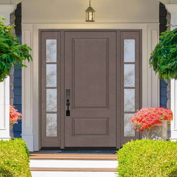 Regency 68 in. x 80 in. 2Panel 3/4-Squaretop RHIS Ashwood Stain Fiberglass Prehung Front Door with w/4Lite Dbl 14in.SL