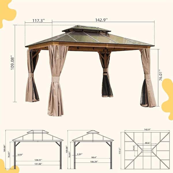 10 ft. x 12 ft. Hardtop Gazebo, Aluminum Permanent Outdoor Gazebo with Polycarbonate Double Roof, Curtain and Netting