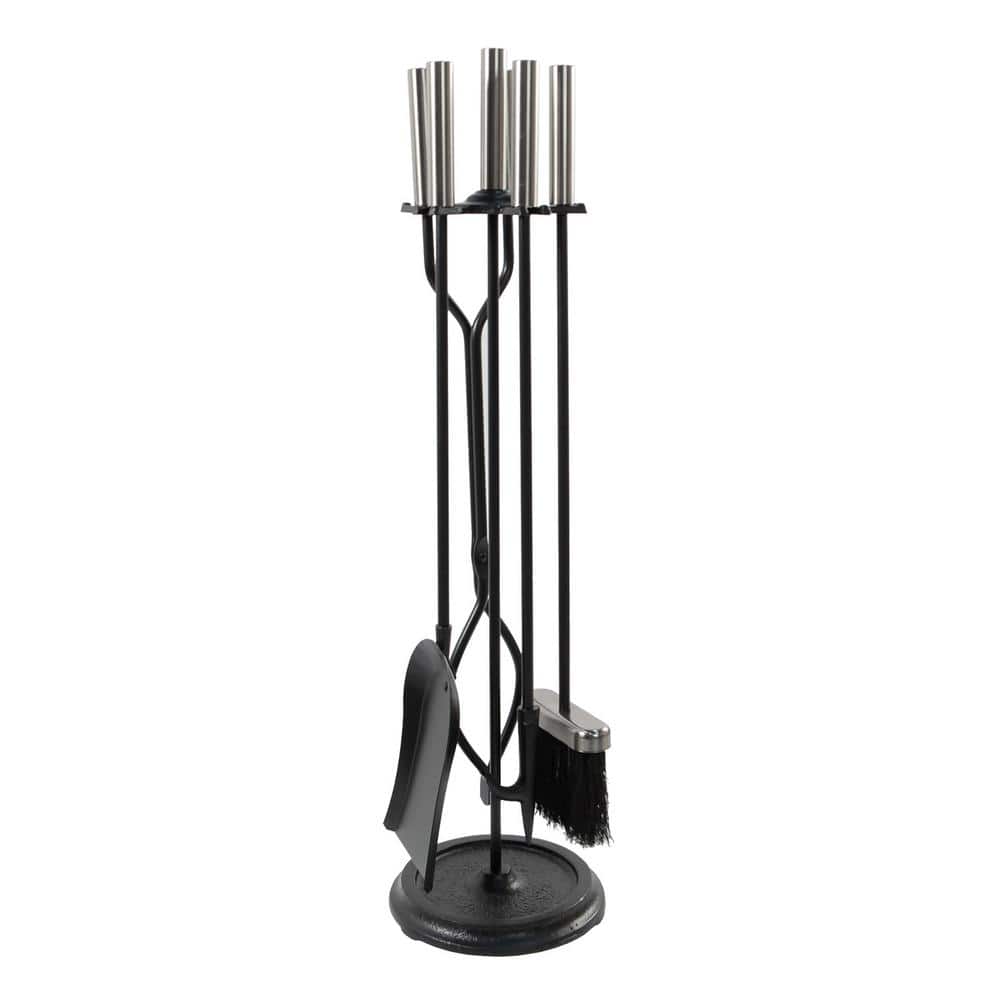 30" Black and Chrome Neoclassic Fireplace Tool Set with Round Base