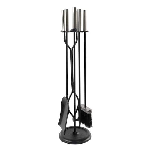ACHLA DESIGNS 30 in. Tall 5-Piece Chrome and Black Neoclassic Fireplace Tool Set with Round Base