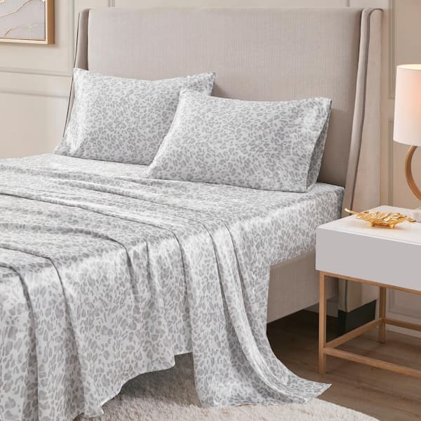 Printed Satin 4-Pcs Gray Leopard King Polyester Sheet Set