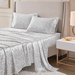 Printed Satin 4-Pcs Gray Leopard Queen Polyester Sheet Set