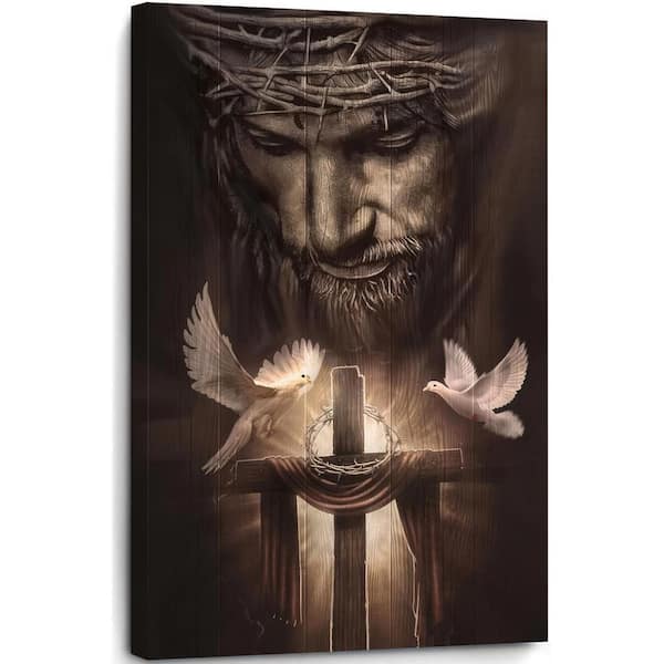 Fantasy Artists Framed Jesus Canvas Wall Art 36 in x 24 in The Cross and Peace Dove Painting Prints