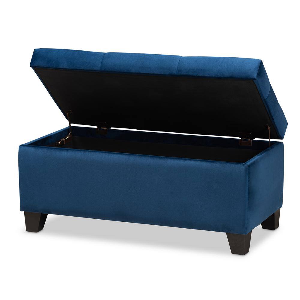 Navy Blue Velvet Tufted Storage Ottoman with Black Wooden Legs