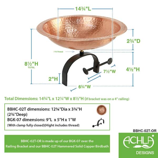 14.75 in. W Satin Copper Hammered Solid Copper Birdbath with Over Rail Bracket