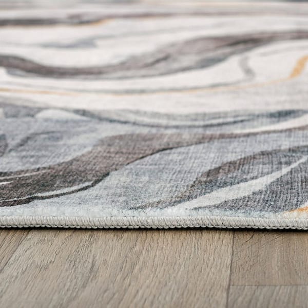 Contemporary Marble Washable Non Slip Gray 2 ft. x 10 ft. Runner Rug