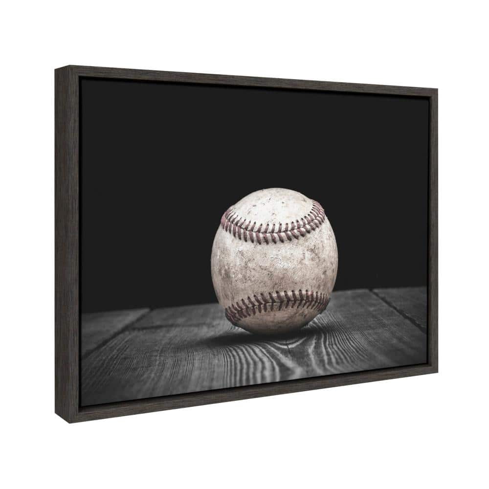 Vintage Baseball Framed Canvas Print in Gray Woodgrain