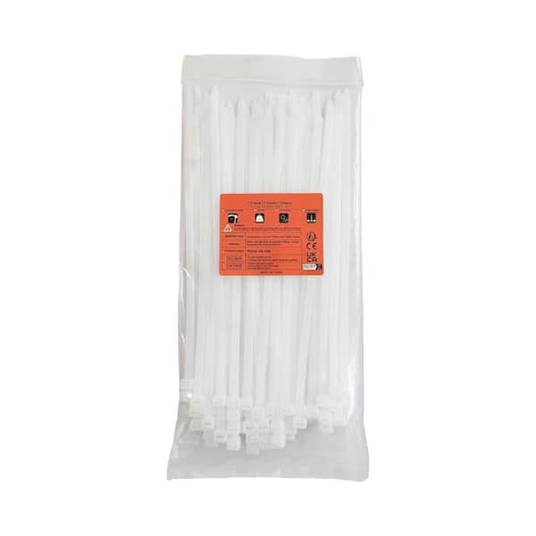 12 in. UV Resistant Nylon Cable Zip Tie White 100-Pack Heavy Duty Self-Locking 120 lbs. Tensile Strength