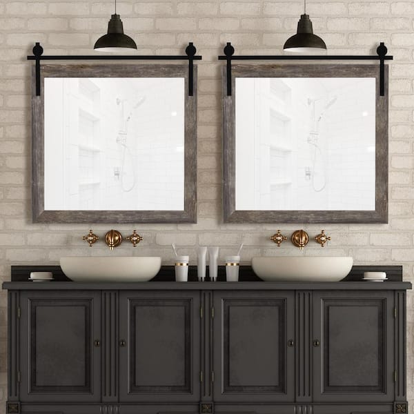 Hitchcock Butterfield Seneca 28 in. W x 28 in. H Farmhouse Rustic Square Framed Gray Decorative Barn Door Bathroom Vanity Mirror