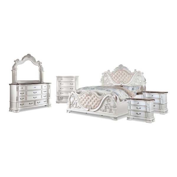 Furniture of America Florince 6-Piece Pearl White King Wood Bedroom Set