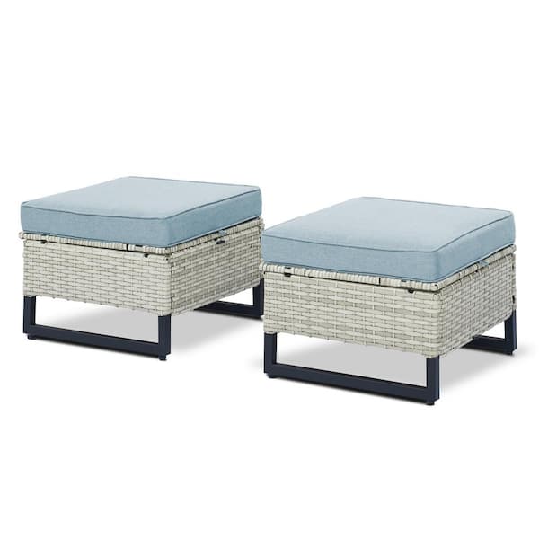 U-Weave Metal and Light Beige Wicker Outdoor Ottoman with Olefin Baby Blue Family Cushion (2-Pack)