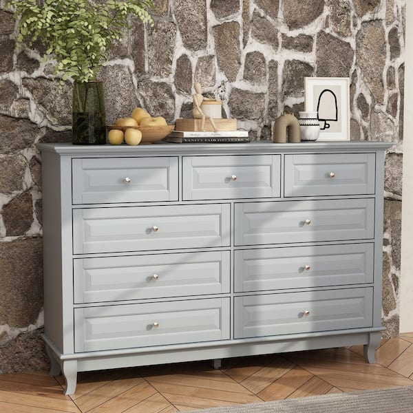 Kingdely 9-Drawer Gray Wood Dresser Bedroom Storage Cabinet Modern Style 37 in. H x 55.1 in. W x 15.7 in. D KF330075-03