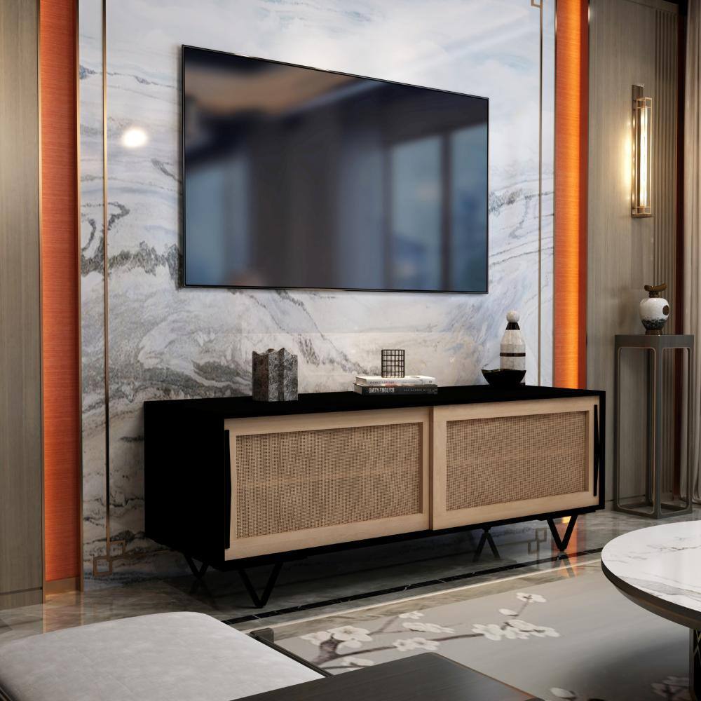 60" Black and Natural Wood TV Media Console with Cane Doors