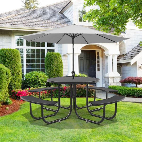 Huluwat Black Steel 78.7 in. Round Outdoor Heavy Duty Picnic Table with 46 in. Table and 2 in. Umbrella Hole