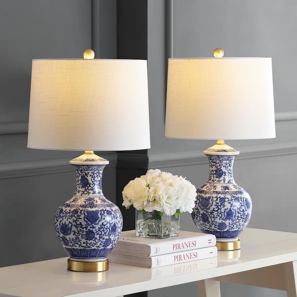 JONATHAN Y Jennifer 25.25 in. Blue/White Ceramic/Metal LED Table Lamp (Set of 2)