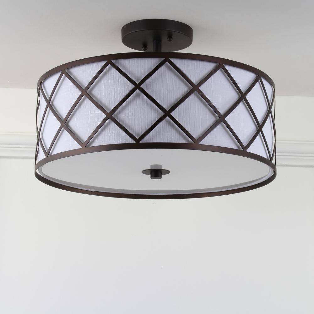 Transitional Elegance 16.75" Drum Flush Mount in Oil Rubbed Bronze with White Linen Shade