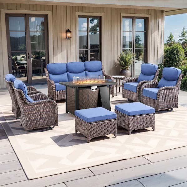 MoonLuxe Brown Wicker Fire Pit Conversation Set with Blue Olefin 6 In. Thick Cushions Patio Swivel Chairs (9-Piece)