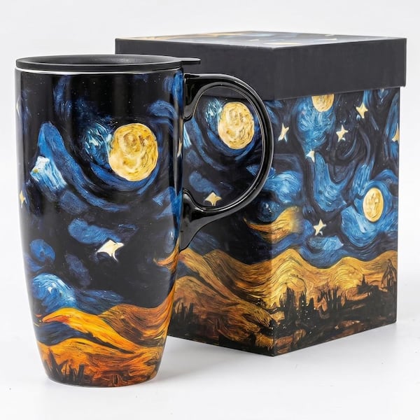 17 oz. Ceramic Coffee Mug with Lid, Night Sky Design, Set of 1 Generic 3.5 x 6.5 x 6.5