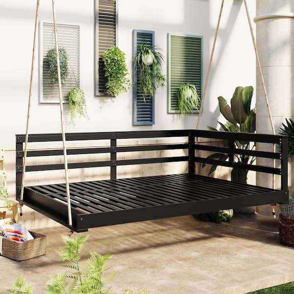 2-Person Black Wood Full Size Porch Swing with Hemp Ropes for Backyard
