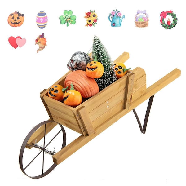 Gymax Wooden Wagon Planter Decorative Indoor/Outdoor Rustic Flower Cart with Wheel Walnut
