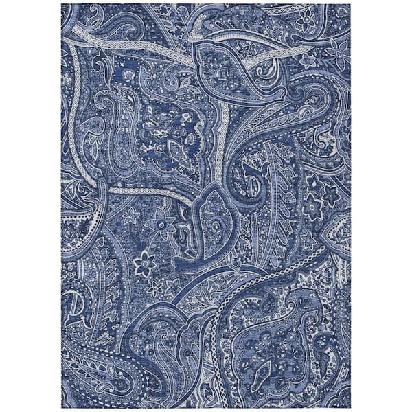 Navy Blue, Sky Blue 8 ft. x 10 ft. Woven Paisley Polyester Rectangle Indoor/Outdoor Area Rug