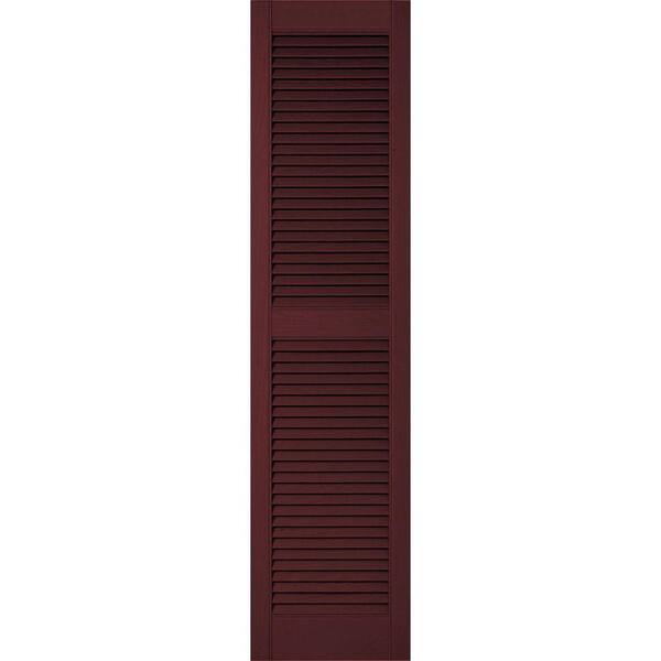 Ekena Millwork 14-1/2 in. x 28 in. Lifetime Vinyl Custom Straight Top Center Mullion Open Louvered Shutters Pair Bordeaux