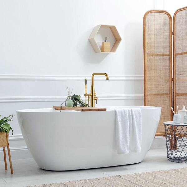 Sumerain Brushed Gold Freestanding Bathtub Faucet – Brass Floor Mount With Handheld Shower, 360° Swivel Spout, 9.48 GPM
