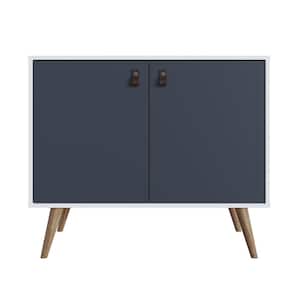 Amber White and Blue Accent Cabinet with Faux Leather Handles