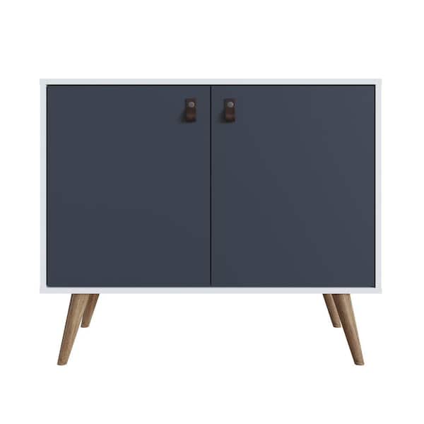 Manhattan Comfort Amber White and Blue Accent Cabinet with Faux Leather Handles
