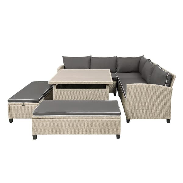 TIRAMISUBEST 6-Piece Rattan Wicker Outdoor Sectional Sofa Set with Table, Benches and Gray Cushions