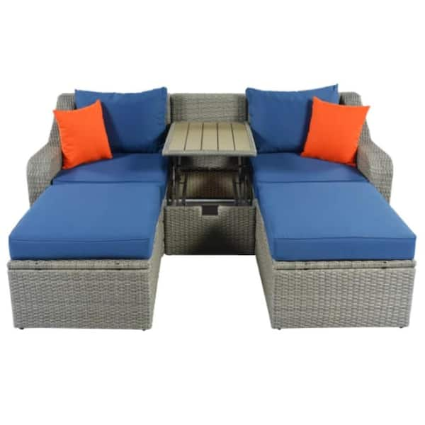 cenadinz 3-Piece Wicker Patio Conversation Set with Blue Cushions