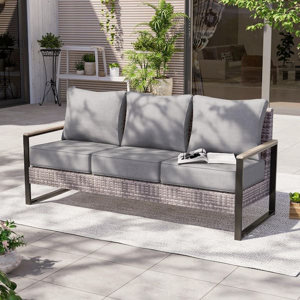 Outdoor 3-Seater Sofa Patio Conversation Set All-Weather Sofa PE Rattan Gray Wicker with Gray Cushion