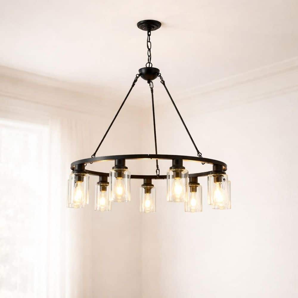 BeamBox 34 in. 9-Light Matte Black Farmhouse Wagon Wheel