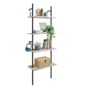 Industrial 65.35 in. H Light Retro Gray Oak Particle Board 4-Tier Wall-Mounted Ladder Bookcase or Bookshelf with 6-Hooks