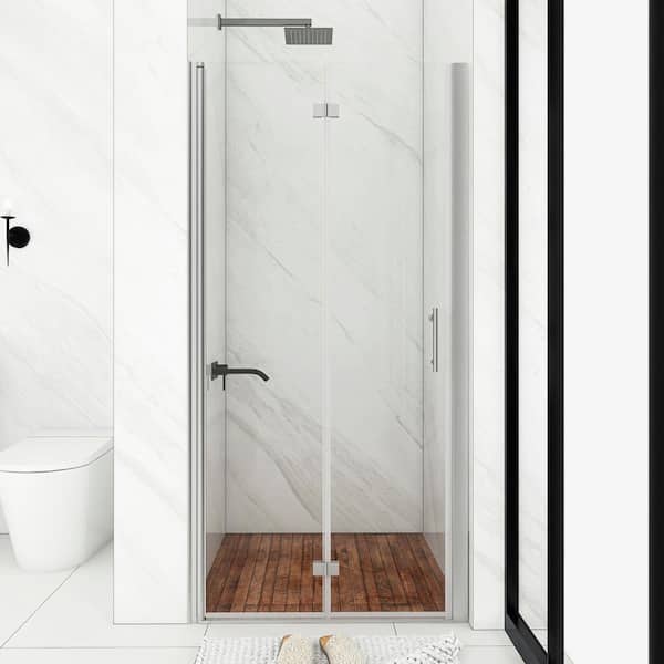 Unbranded 37 in. W x 72 in. H Bi Fold Semi Frameless Shower Door in Chrome with Clear Tempered Glass