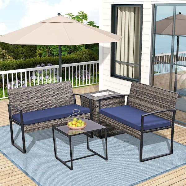 4-Piece Gray Wicker Patio Conversation Set with with Built-in Beverage Cooler Storage Box and Blue Cushions